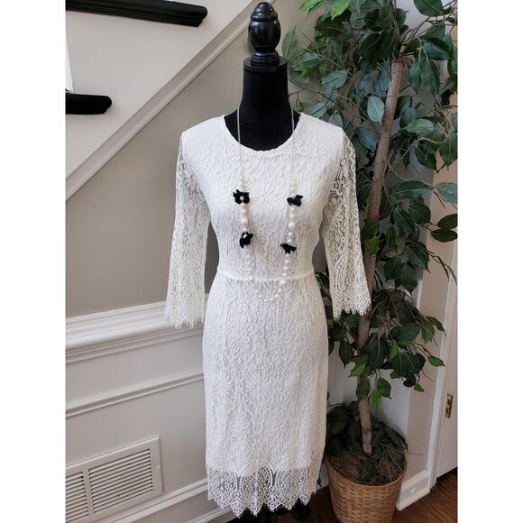 ALLAND WELL Shift Dress Women's L White Floral Round Neck Long Sleeve Back Zip - Picture 11 of 16